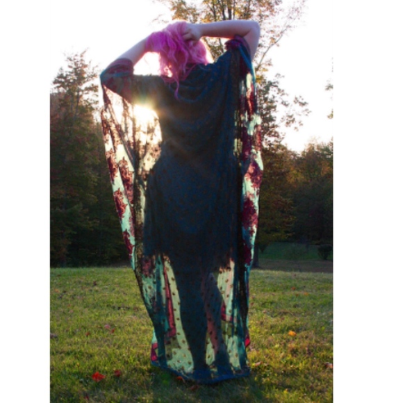 Bohemian Embellished Maxi Kimono Teal Pink - Picture 2 of 2